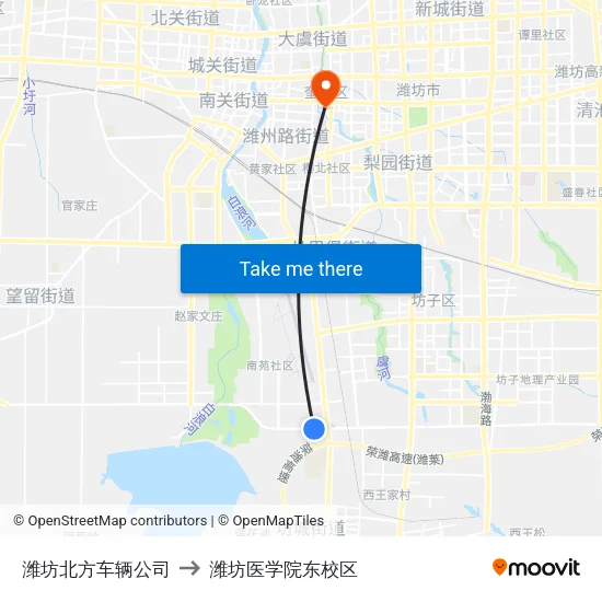 潍坊北方车辆公司 to 潍坊医学院东校区 map