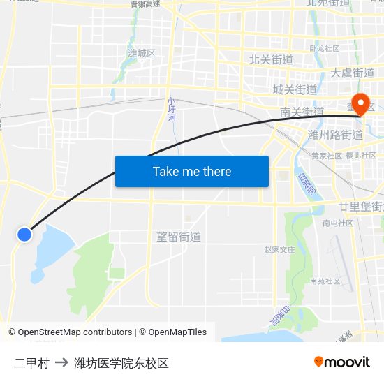 二甲村 to 潍坊医学院东校区 map