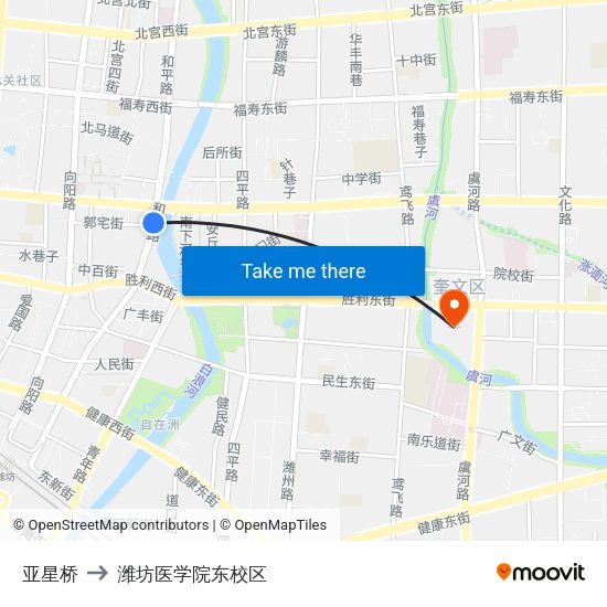 亚星桥 to 潍坊医学院东校区 map