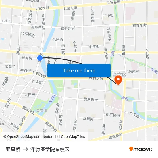 亚星桥 to 潍坊医学院东校区 map