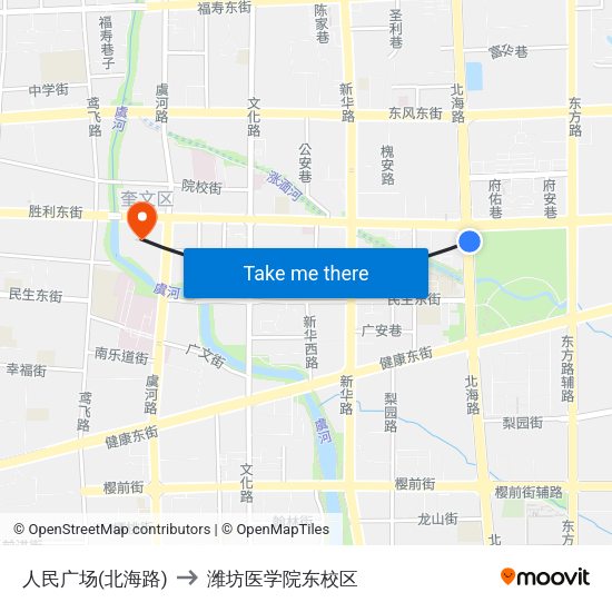 人民广场(北海路) to 潍坊医学院东校区 map