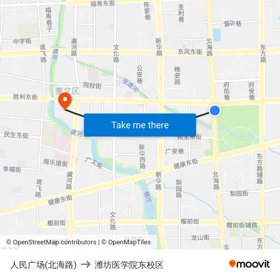 人民广场(北海路) to 潍坊医学院东校区 map