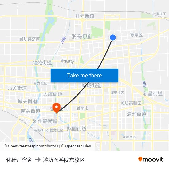 化纤厂宿舍 to 潍坊医学院东校区 map