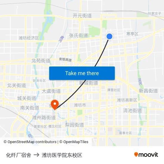 化纤厂宿舍 to 潍坊医学院东校区 map