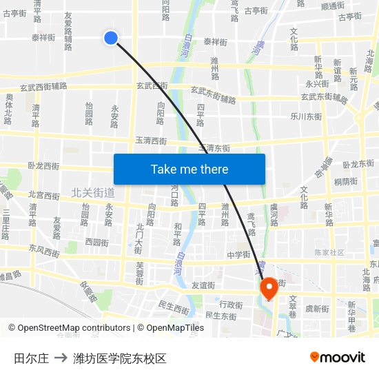田尔庄 to 潍坊医学院东校区 map