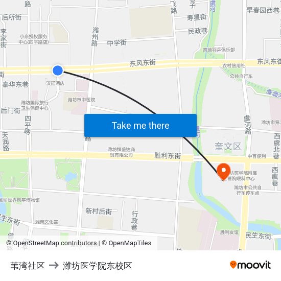 苇湾社区 to 潍坊医学院东校区 map