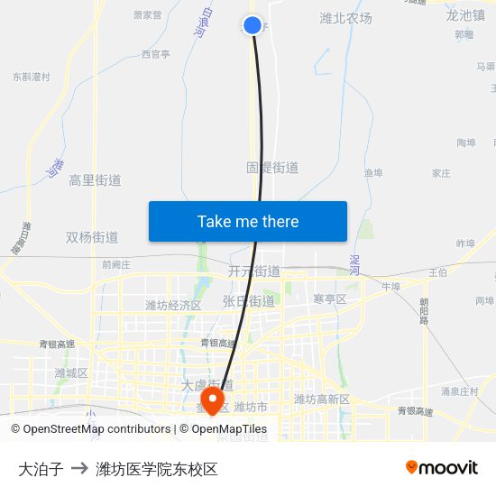 大泊子 to 潍坊医学院东校区 map