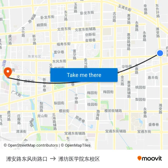 潍安路东风街路口 to 潍坊医学院东校区 map