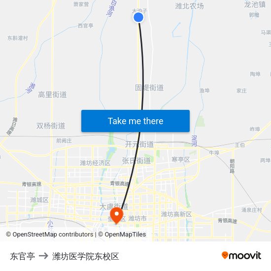 东官亭 to 潍坊医学院东校区 map