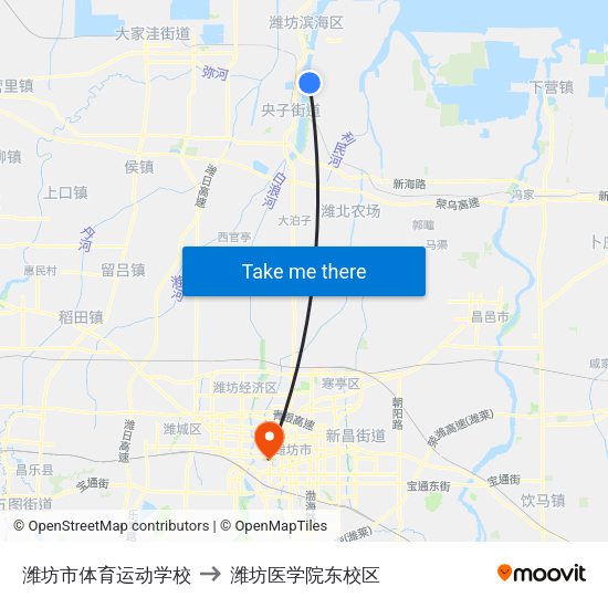潍坊市体育运动学校 to 潍坊医学院东校区 map