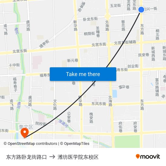 东方路卧龙街路口 to 潍坊医学院东校区 map
