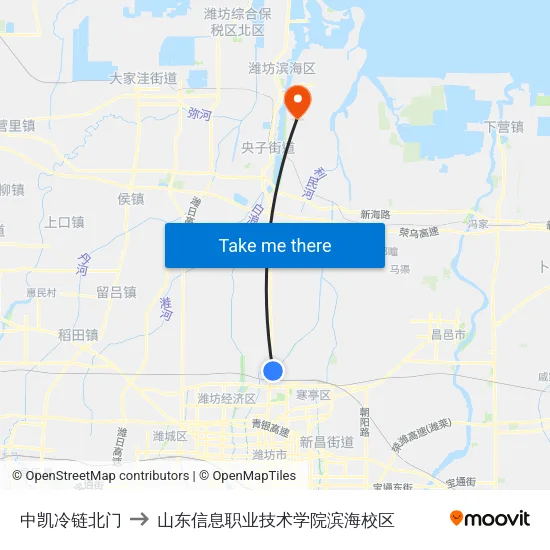 中凯冷链北门 to 山东信息职业技术学院滨海校区 map