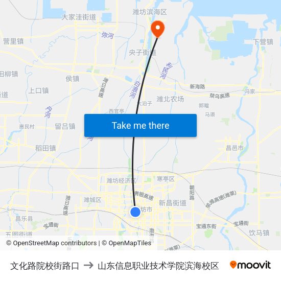 文化路院校街路口 to 山东信息职业技术学院滨海校区 map