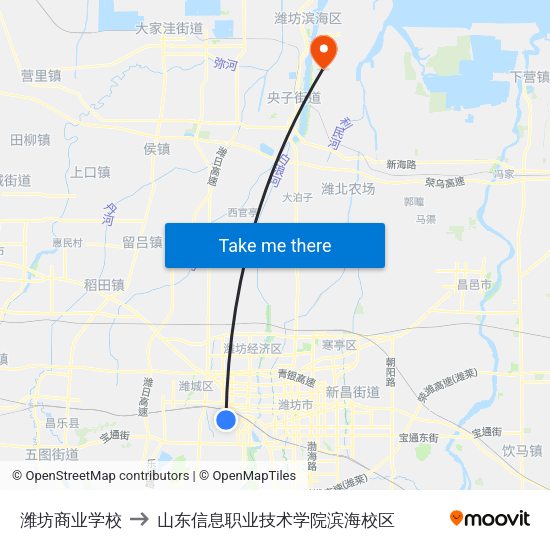 潍坊商业学校 to 山东信息职业技术学院滨海校区 map