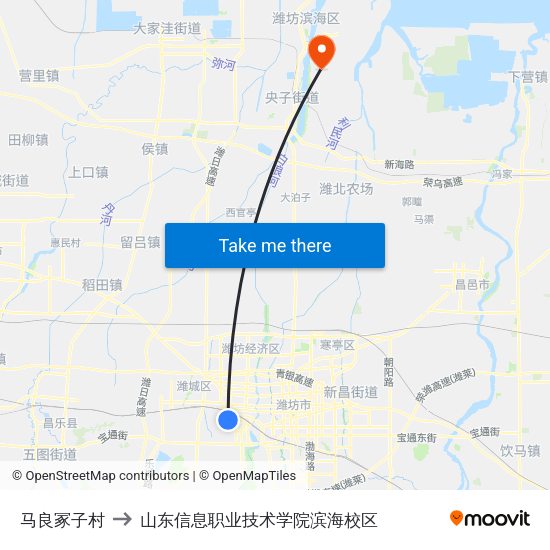 马良冢子村 to 山东信息职业技术学院滨海校区 map
