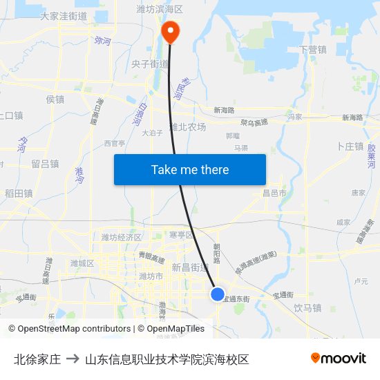 北徐家庄 to 山东信息职业技术学院滨海校区 map