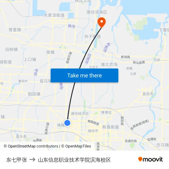 东七甲张 to 山东信息职业技术学院滨海校区 map