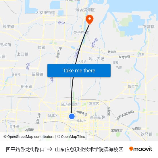 四平路卧龙街路口 to 山东信息职业技术学院滨海校区 map