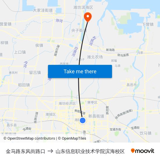 金马路东风街路口 to 山东信息职业技术学院滨海校区 map
