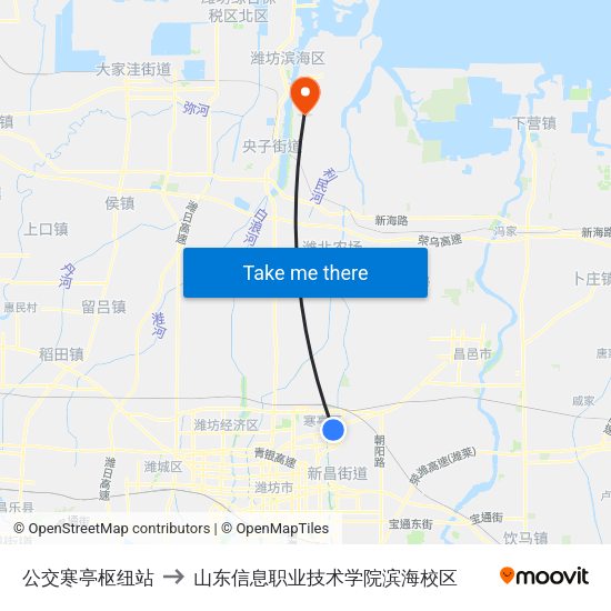 公交寒亭枢纽站 to 山东信息职业技术学院滨海校区 map
