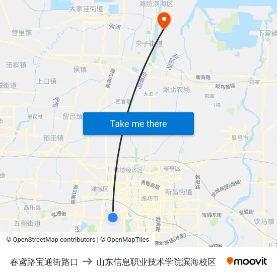 春鸢路宝通街路口 to 山东信息职业技术学院滨海校区 map