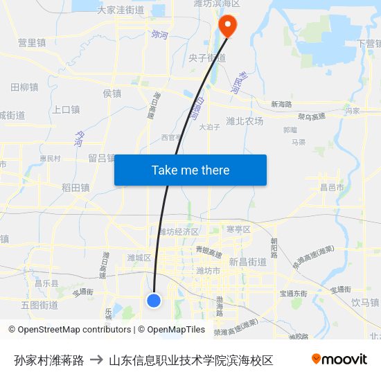 孙家村潍蒋路 to 山东信息职业技术学院滨海校区 map
