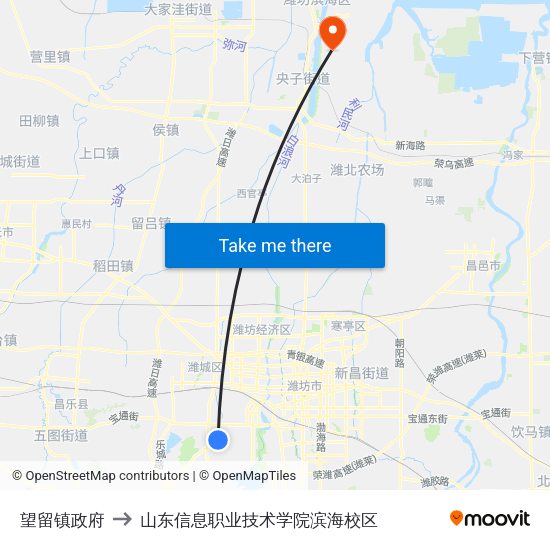望留镇政府 to 山东信息职业技术学院滨海校区 map
