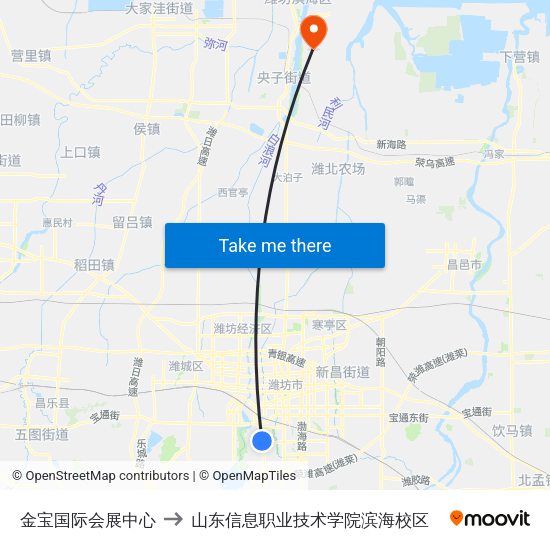 金宝国际会展中心 to 山东信息职业技术学院滨海校区 map