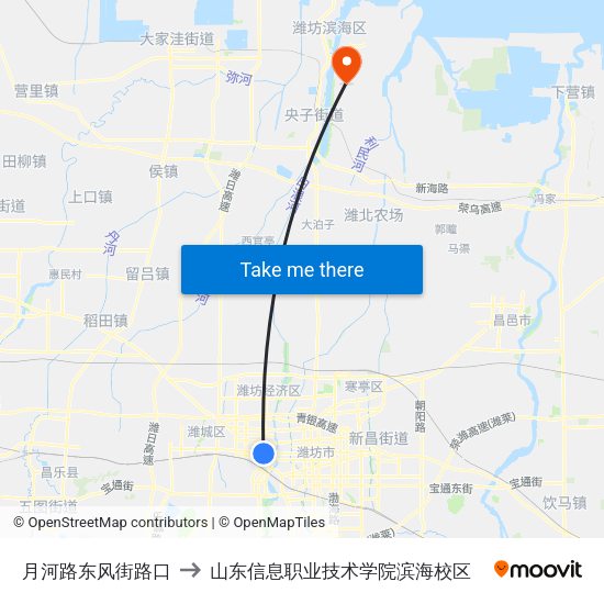 月河路东风街路口 to 山东信息职业技术学院滨海校区 map