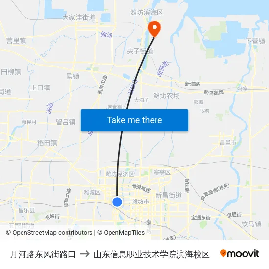 月河路东风街路口 to 山东信息职业技术学院滨海校区 map