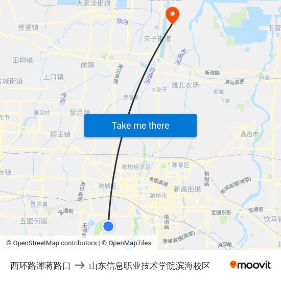 西环路潍蒋路口 to 山东信息职业技术学院滨海校区 map