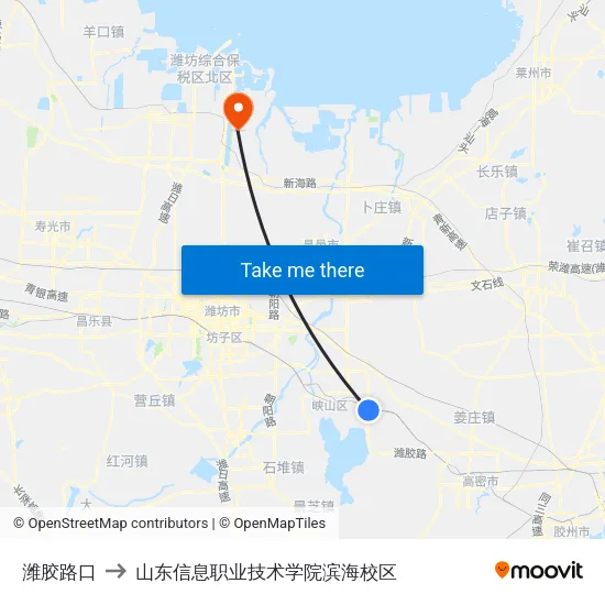 潍胶路口 to 山东信息职业技术学院滨海校区 map