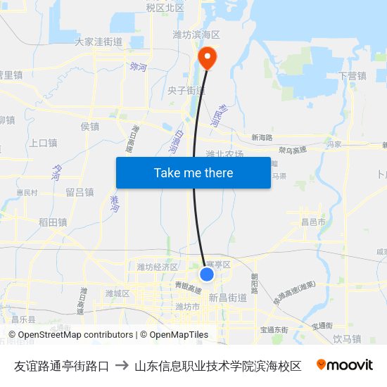 友谊路通亭街路口 to 山东信息职业技术学院滨海校区 map