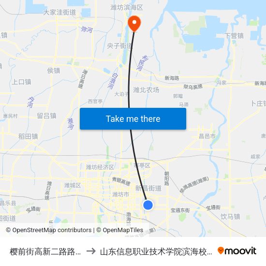 樱前街高新二路路口 to 山东信息职业技术学院滨海校区 map