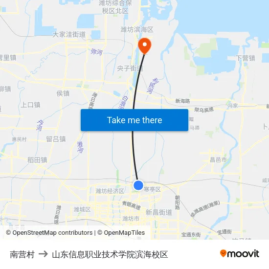 南营村 to 山东信息职业技术学院滨海校区 map