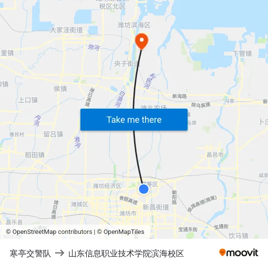 寒亭交警队 to 山东信息职业技术学院滨海校区 map