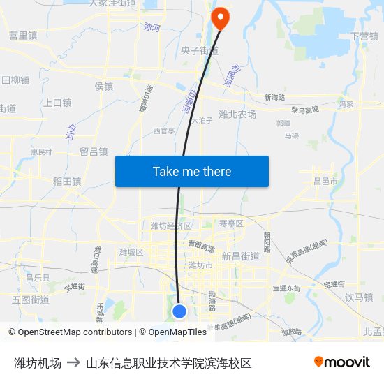 潍坊机场 to 山东信息职业技术学院滨海校区 map