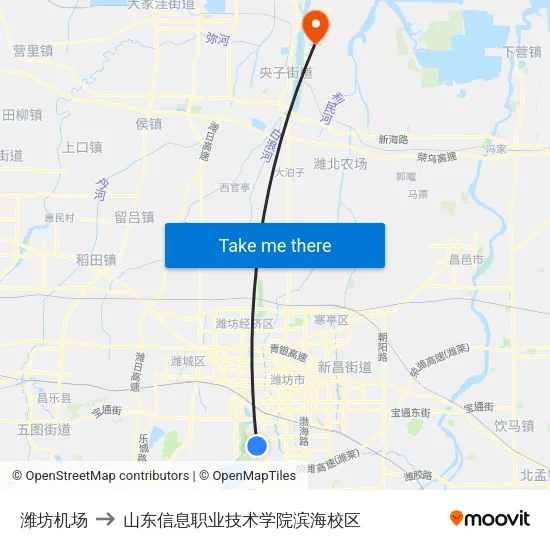 潍坊机场 to 山东信息职业技术学院滨海校区 map