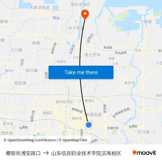 樱前街潍安路口 to 山东信息职业技术学院滨海校区 map