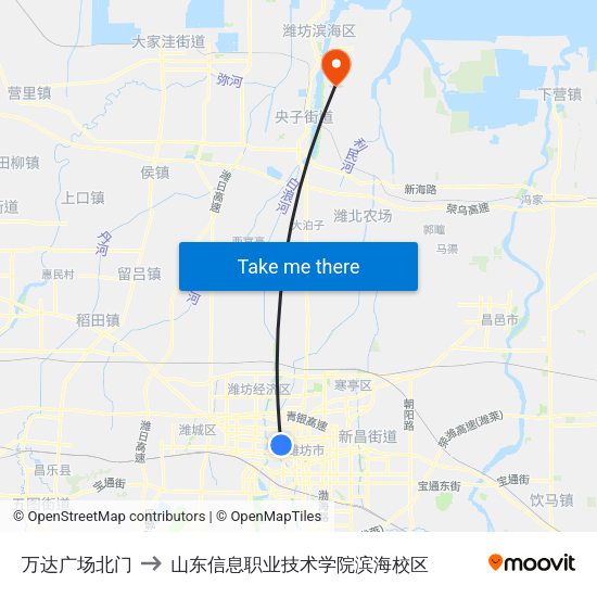 万达广场北门 to 山东信息职业技术学院滨海校区 map