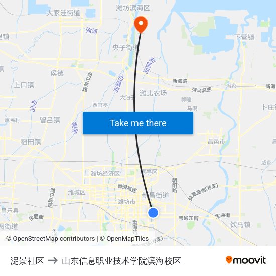 浞景社区 to 山东信息职业技术学院滨海校区 map