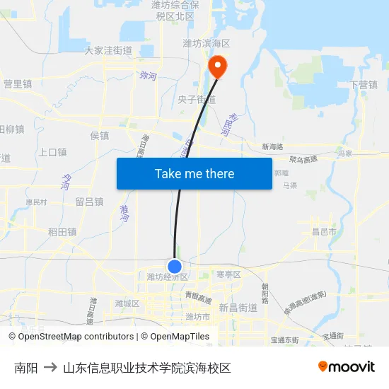 南阳 to 山东信息职业技术学院滨海校区 map