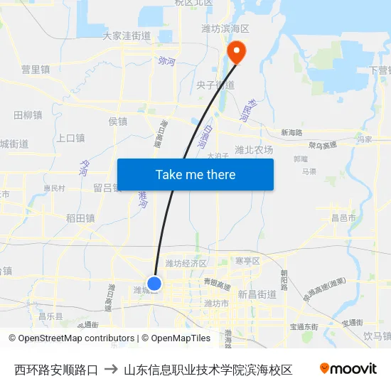 西环路安顺路口 to 山东信息职业技术学院滨海校区 map