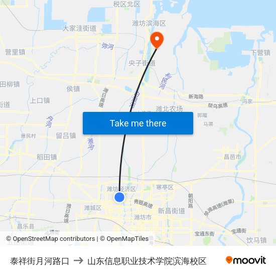 泰祥街月河路口 to 山东信息职业技术学院滨海校区 map