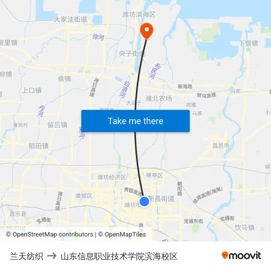 兰天纺织 to 山东信息职业技术学院滨海校区 map