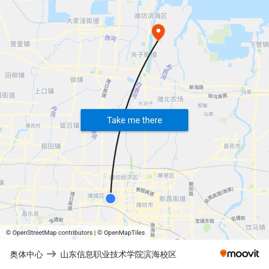 奥体中心 to 山东信息职业技术学院滨海校区 map