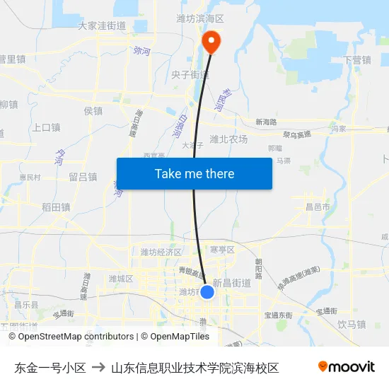 东金一号小区 to 山东信息职业技术学院滨海校区 map