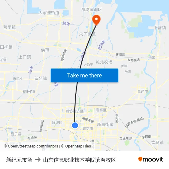 新纪元市场 to 山东信息职业技术学院滨海校区 map