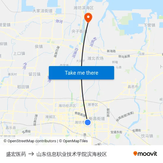 盛宏医药 to 山东信息职业技术学院滨海校区 map