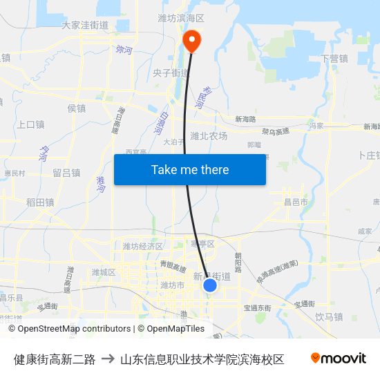 健康街高新二路 to 山东信息职业技术学院滨海校区 map